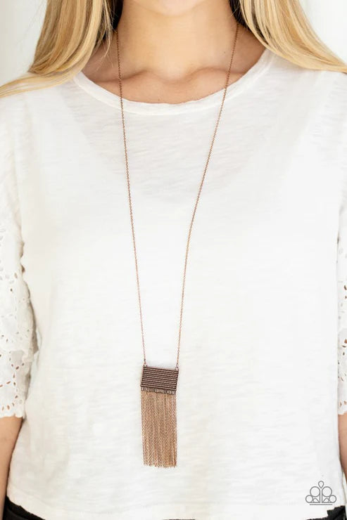 Totally Tassel - Copper Rectangular Textured Tassel Necklace N#6298