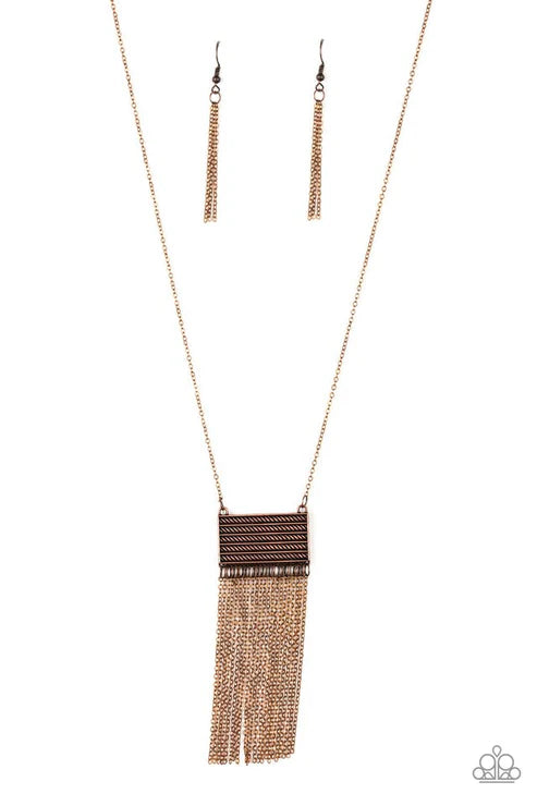 Totally Tassel - Copper Rectangular Textured Tassel Necklace N#6298