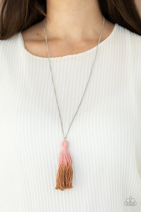 Totally Tasseled - Oversized Pink Ombre (Rose Tan/Brown) Knotted Tassel Necklace N#4775