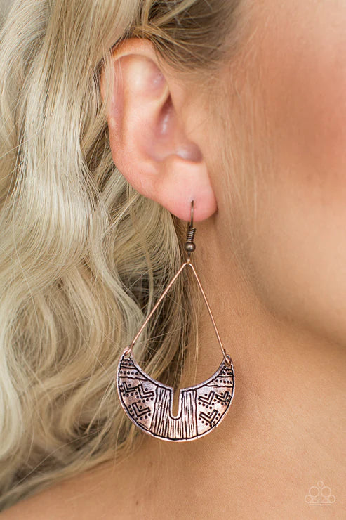 Trading Post Trending - Oversized Copper Stamped Tribal Crescent Triangular Indigenous Earrings E#3822