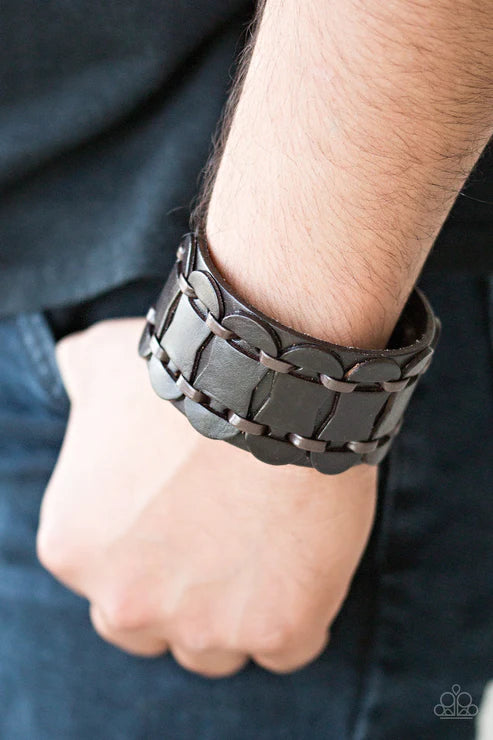 Traffic Control - Oversized Brown Rounded Lace Leather Cord Accent Urban Bracelet B#3852