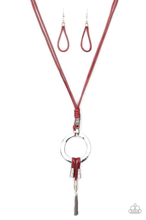 Tranquil Artisan - Red Hammered Knotted Samba Cord Hoop Necklace N#3244
