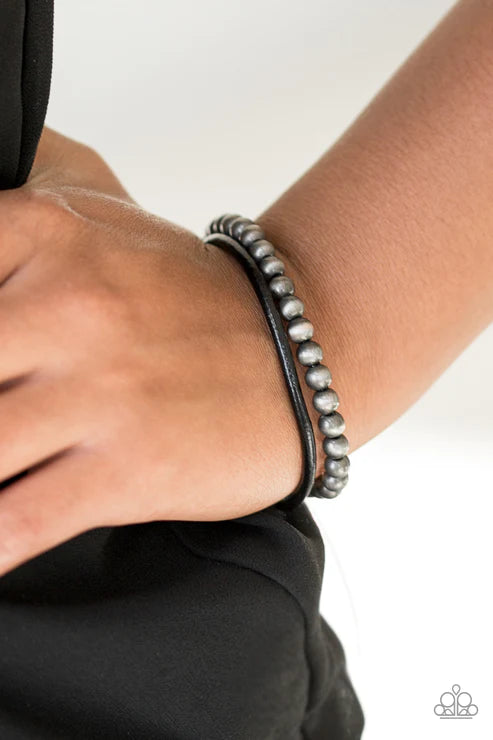 Tranquil Trails - Silver/Black Metallic Leather Cording Adjustable Sliding Knot Closure Urban Bracelet B#1686