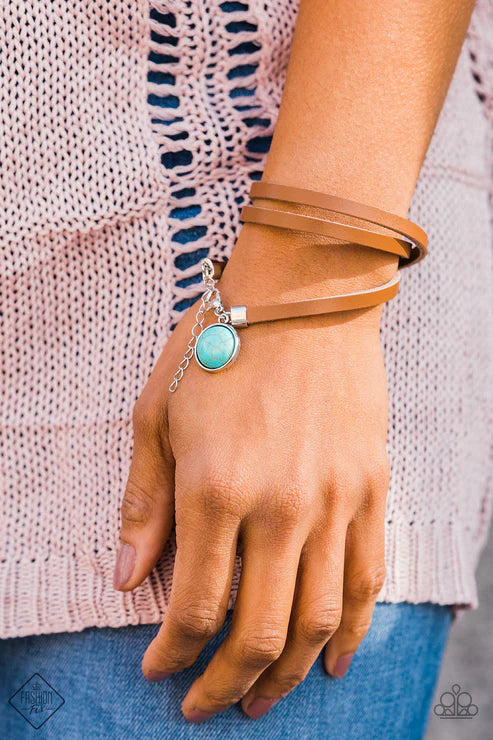 Tranquil Trekker - Blue Elongated Brown Leather Triple Wrap Stone Charm Versatile Piece Bracelet B#3403