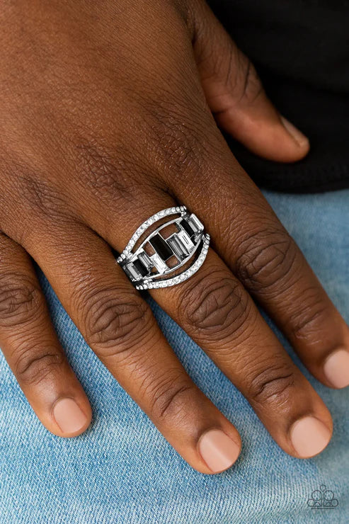 Treasure Chest Charm - Black (Black/Gray/White) Emerald Cut  Encrusted Ring R#5924