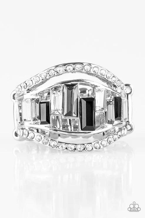 Treasure Chest Charm - Black (Black/Gray/White) Emerald Cut  Encrusted Ring R#5924
