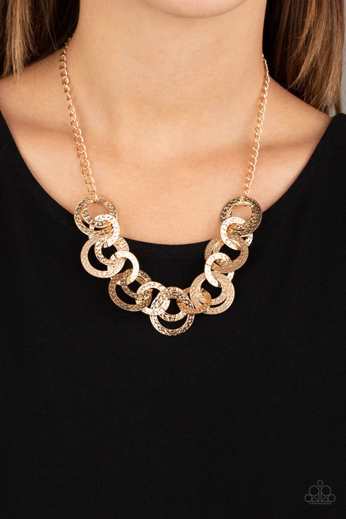 Treasure Tease - Gold Shimmer Hammered Connected Disc Industrial Necklace n#3427