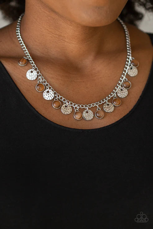 Treasure Tour - Brown Cat's Eye Moonstone Hammered Disc Fringe Necklace N#5601