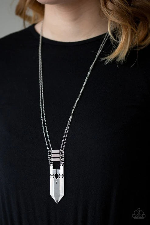 Triassic Era - Silver/Gray Faceted Rectangular Dotted/Studded Double Connected Plate Stone Accent Tribal Necklace N#6148