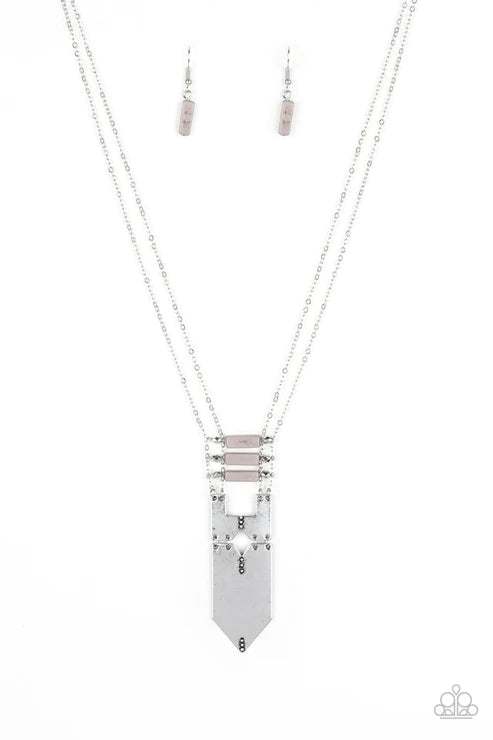 Triassic Era - Silver/Gray Faceted Rectangular Dotted/Studded Double Connected Plate Stone Accent Tribal Necklace N#6148
