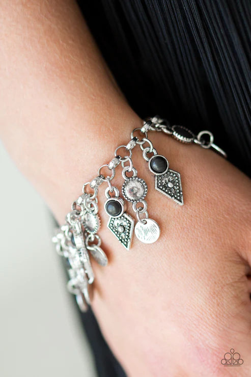 Triassic Trade Route - Black Mismatched Studded Distressed Accent Stone Fringe Bracelet B#4649