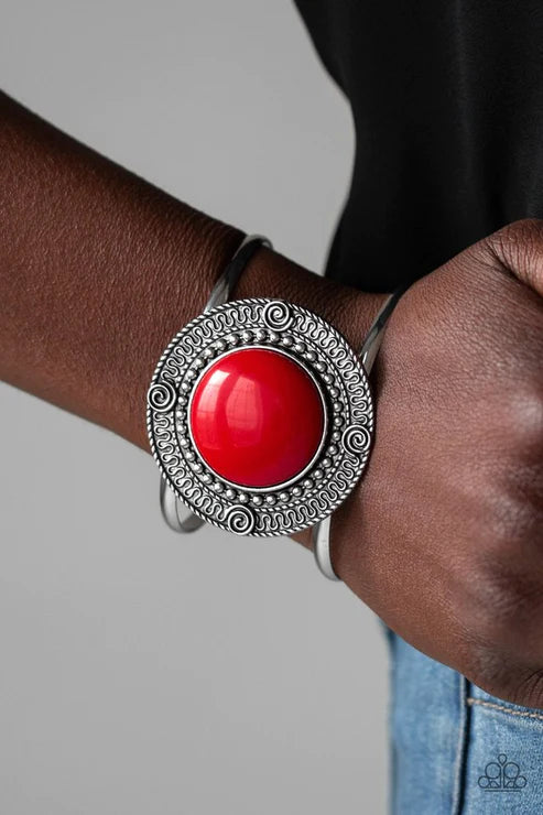Tribal Pop - Oversized Red Round Swirl Filigree Cuff Bracelet B#4688