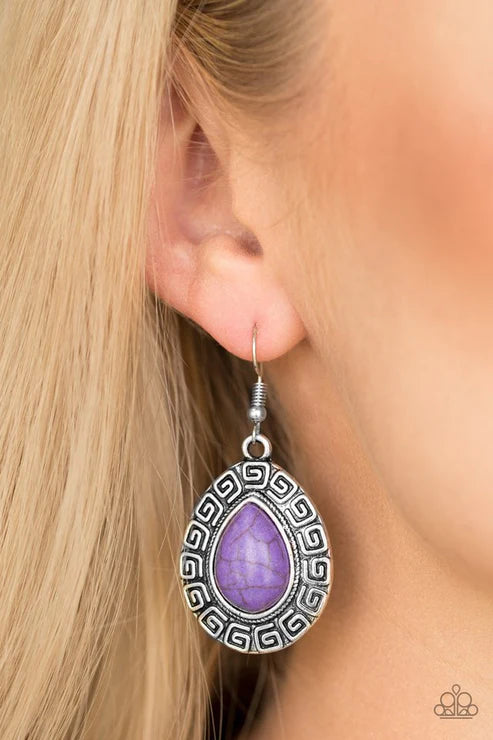 Tribal Tango - Oversized Purple Chiseled Tribal Embossed Spiraling Stone Tranquil Teardrop Earrings E#4040