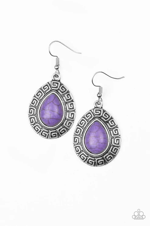 Tribal Tango - Oversized Purple Chiseled Tribal Embossed Spiraling Stone Tranquil Teardrop Earrings E#4040