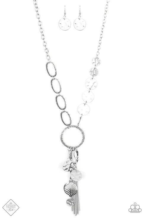 3-Piece Silver Oval Abstract Hammered Hoop Tassel Set SET#6637