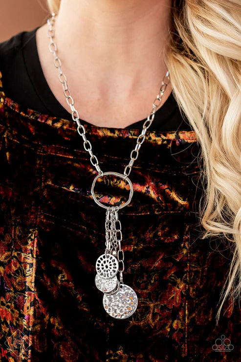 Trinket Twinkle - Multi Tassel Mismatched Silver Chains Weighted Collection Hammered Round Discs/Molded Silver Rings Twisted Hoop Smattering Sun Orange/Topaz Encrusted Embellish Hammered Discs Twinkle Playful Necklace N#7357