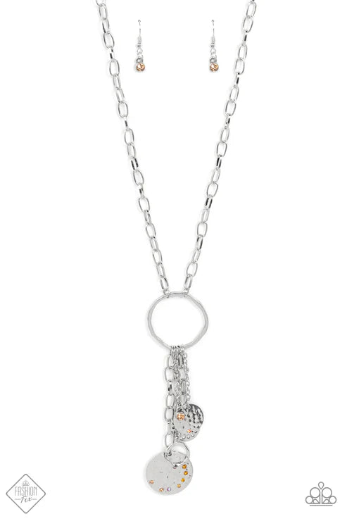 Trinket Twinkle - Multi Tassel Mismatched Silver Chains Weighted Collection Hammered Round Discs/Molded Silver Rings Twisted Hoop Smattering Sun Orange/Topaz Encrusted Embellish Hammered Discs Twinkle Playful Necklace N#7357
