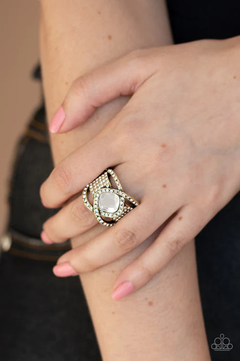 Triple Crown Twinkle - Oversized Brass Interweaved Nestled Regal Cut Encrusted Stacked Ring R#5665
