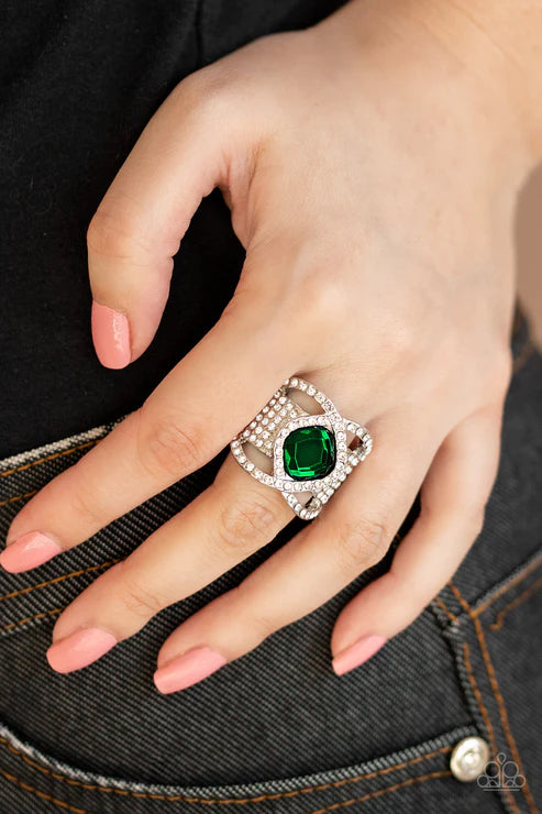 Triple Crown Twinkle - Oversized Green Interweaved Nestled Regal Cut Encrusted Stacked Ring R#6096