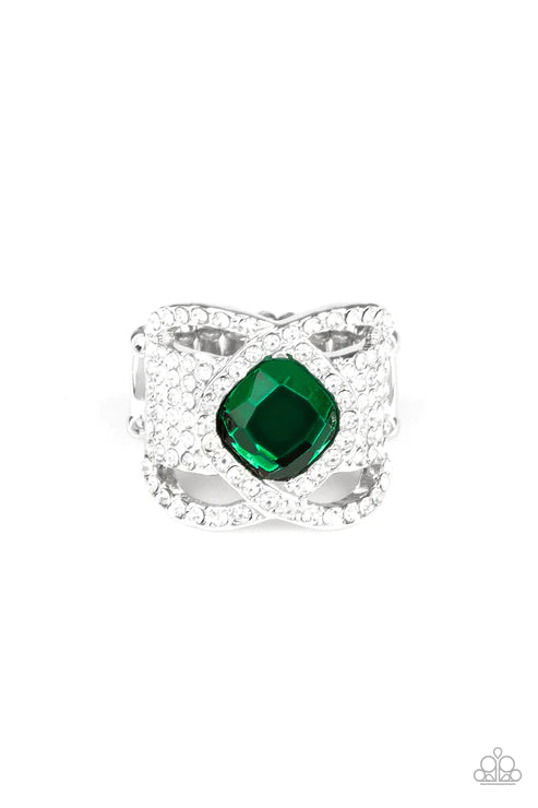 Triple Crown Twinkle - Oversized Green Interweaved Nestled Regal Cut Encrusted Stacked Ring R#6096