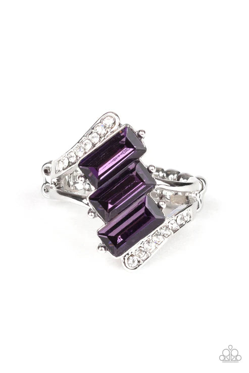 Triple Razzle - Purple Nestled Trio Encrusted Emerald Cut Ring R#1830