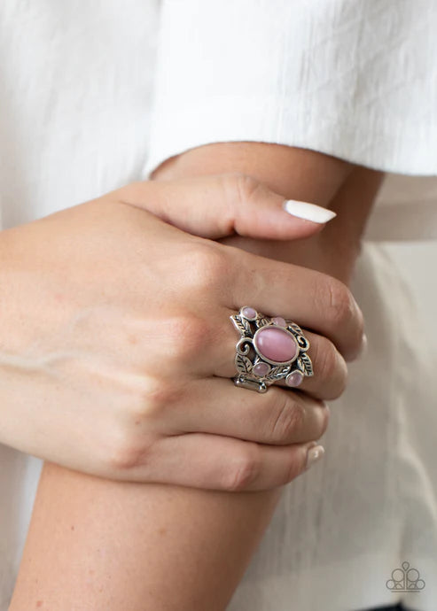 Tropical Dream - Oversized Pink Dotted Oval Leafy Bloom Cat's Eye Moonstone Ring R#5228