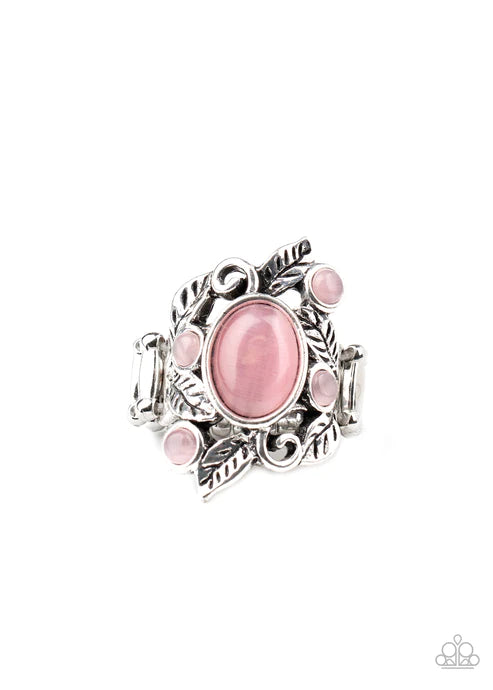 Tropical Dream - Oversized Pink Dotted Oval Leafy Bloom Cat's Eye Moonstone Ring R#5228