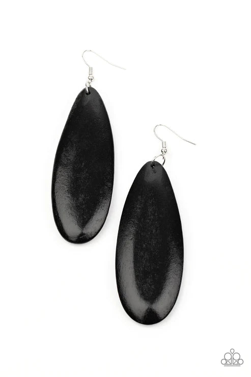 Tropical Ferry - Oversized Black Tropical Imperfect Wooden Teardrop Earrings E#2963
