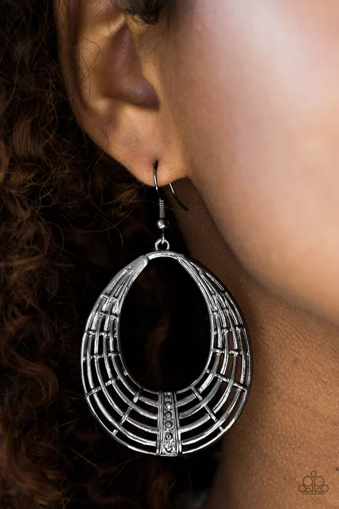 Tundra Texture - Oversized Black Glistening Gunmetal Bars Weaved Rustic Studded Tactile Teardrop Earrings E#6256