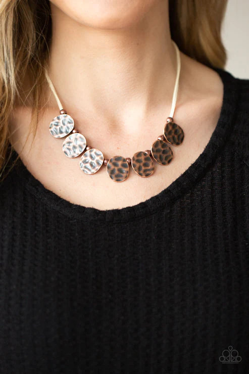 Turn Me Loose - Copper/White Oval Hammered Asymmetrical Suede Fringe Necklace N#3268