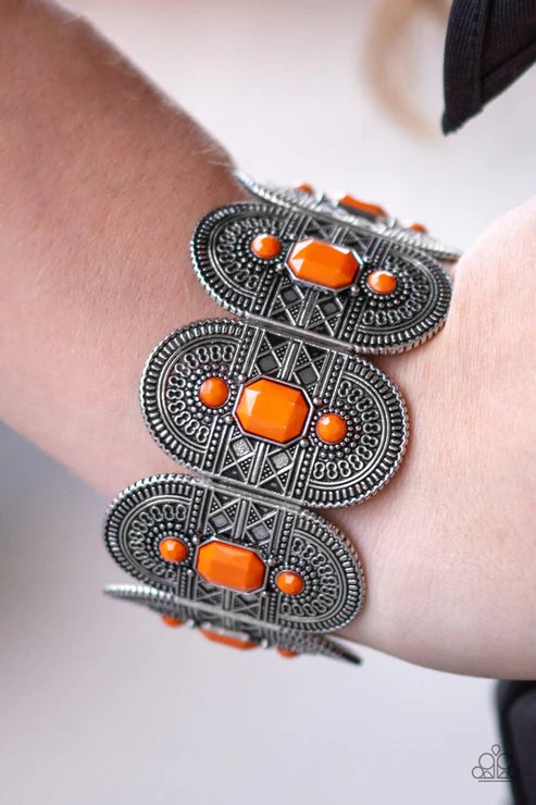 Turn Up The TROPICAL Heat - Oversized Orange (Turmeric) Ornate Faceted Rounded Textured Tribal Bracelet B#3402