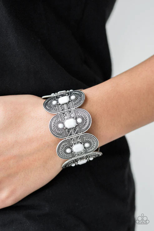 Turn Up The TROPICAL Heat - Oversized White Ornate Faceted Rounded Textured Tribal Bracelet B#2208