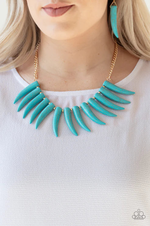 Tusk Tundra - Oversized Blue/Gold 3D Wild Tusk Stone Fringe Necklace N#4462