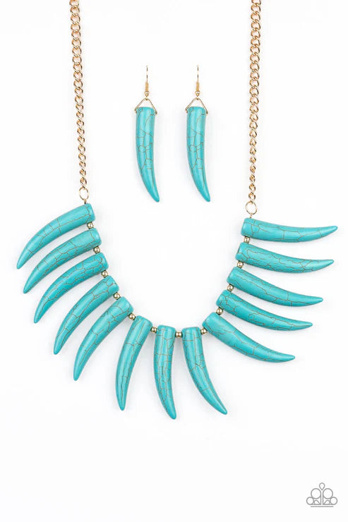 Tusk Tundra - Oversized Blue/Gold 3D Wild Tusk Stone Fringe Necklace N#4462