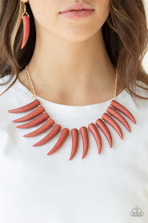 Tusk Tundra - Oversized Cinnamon Stick Brown/Gold 3D Wild Tusk Stone Fringe Necklace N#3171