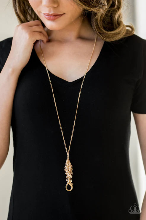 Twilight Twinkle - Gold Twinkling Beads/Rods Sparkling Fringe Oversized Lobster Clasp Lanyard Necklace N#7112