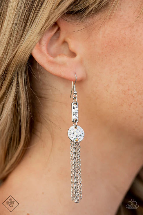 Twinkle Twinkle Little Trinket - Multi Silver Chains Stream Hammered Bar/Disc Dotted Iridescent Topaz Encrusted Charismatic Finish Earrings E#7359