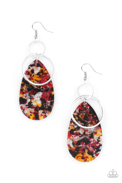 Two Tickets To Paradise - Oversized Red Iridescent Faux Marble Teardrop Hoop Lure Earrings E#2987