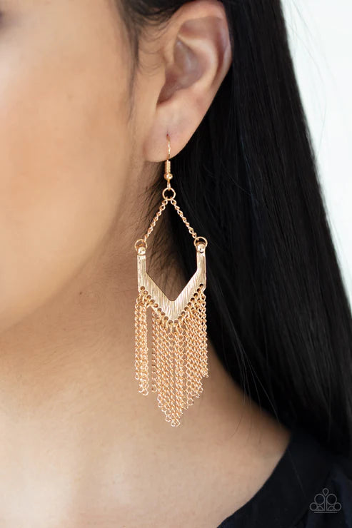 Unchained Fashion - Gold Chevron Chain Fringe Earrings E#3373
