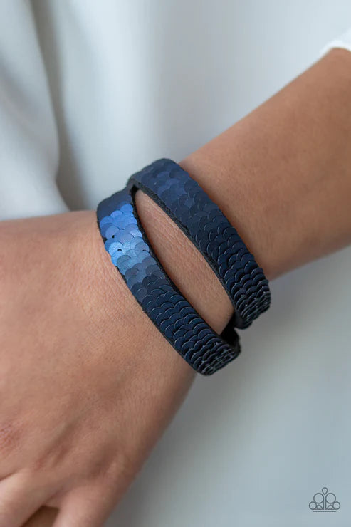 Under The SEQUINS - Blue/Silver Elongated Reversible Mermaid Stitched Sequins Suede Double Wrap Adjustable Snap Closure Bracelet B#4069