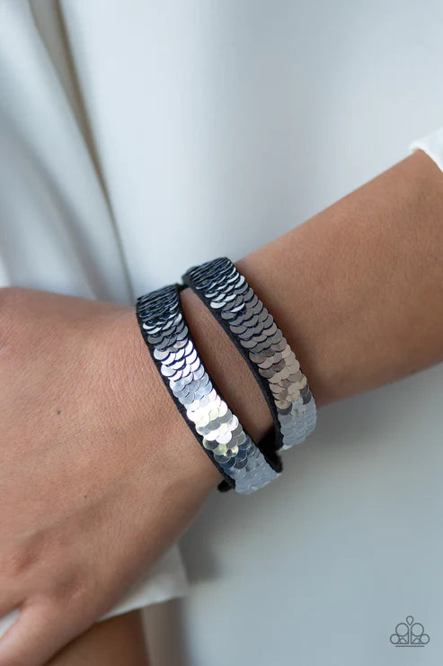 Under The SEQUINS - Blue/Silver Elongated Reversible Mermaid Stitched Sequins Suede Double Wrap Adjustable Snap Closure Bracelet B#4069