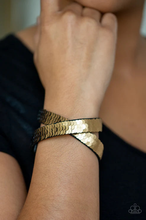 Under The SEQUINS - Gold/Black Elongated Reversible Mermaid Stitched Sequins Suede Double Wrap Adjustable Snap Closure Bracelet B#4240