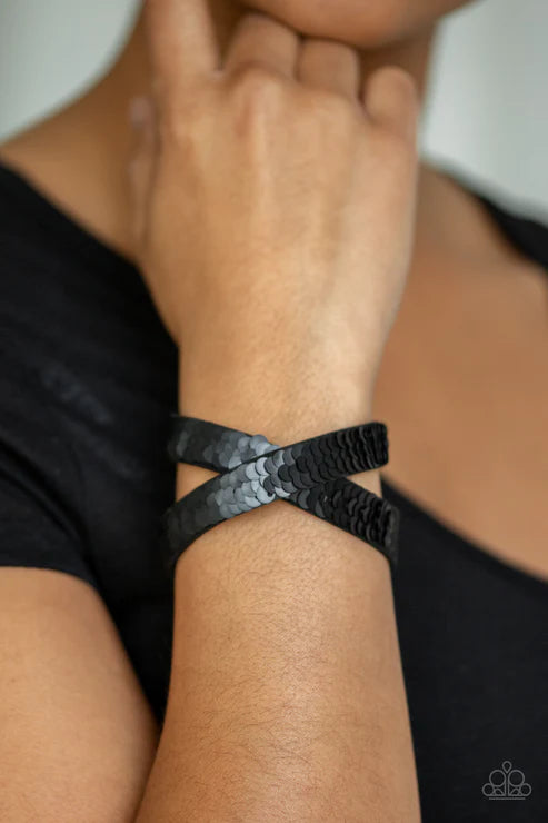 Under The SEQUINS - Gold/Black Elongated Reversible Mermaid Stitched Sequins Suede Double Wrap Adjustable Snap Closure Bracelet B#4240