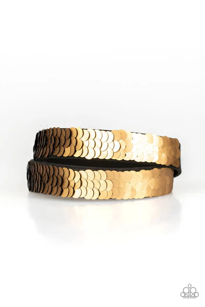 Under The SEQUINS - Gold/Black Elongated Reversible Mermaid Stitched Sequins Suede Double Wrap Adjustable Snap Closure Bracelet B#4240
