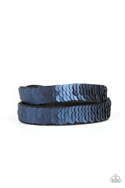 Under The SEQUINS - Blue/Silver Elongated Reversible Mermaid Stitched Sequins Suede Double Wrap Adjustable Snap Closure Bracelet B#4069