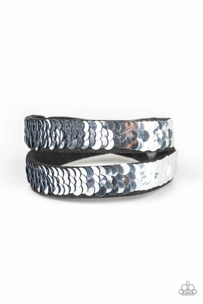 Under The SEQUINS - Blue/Silver Elongated Reversible Mermaid Stitched Sequins Suede Double Wrap Adjustable Snap Closure Bracelet B#4069