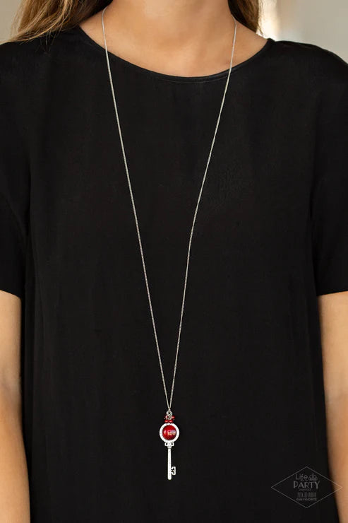 Unlock Every Door - Oversized Red Luminescent Iridescent 3D Key Charm Cat's Eye Moonstone Encrusted Necklace N#6766