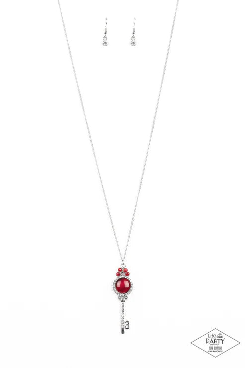 Unlock Every Door - Oversized Red Luminescent Iridescent 3D Key Charm Cat's Eye Moonstone Encrusted Necklace N#6766