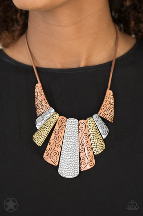Untamed - Oversized Copper/Multi (Copper/Silver/Brass) Hammered Filigree Textured Fan Out Tribal Plates Snake Chain Necklace N#6498