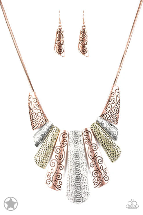 Untamed - Oversized Copper/Multi (Copper/Silver/Brass) Hammered Filigree Textured Fan Out Tribal Plates Snake Chain Necklace N#6498